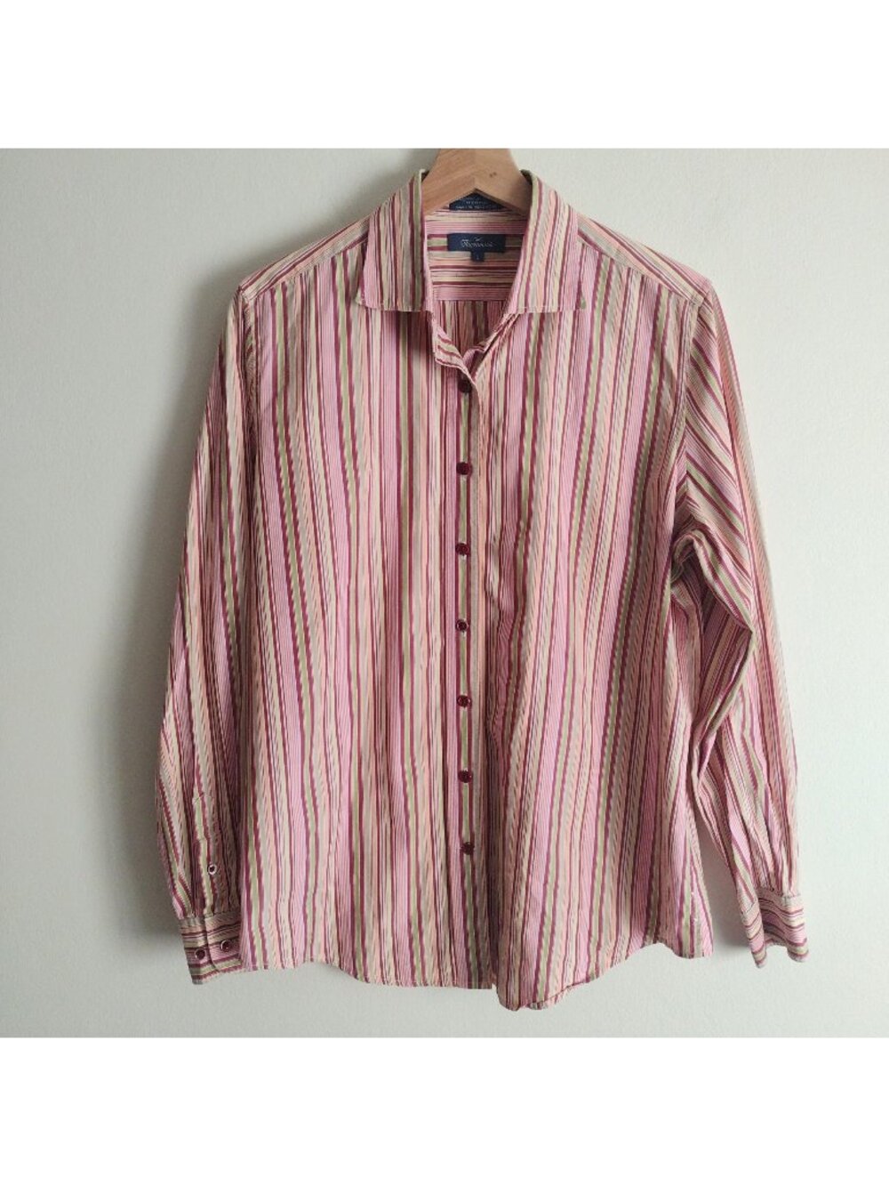 Faconnable Womens Striped Dress Shirt L Pink Button Front Vtg 90s Blouse